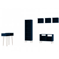 Manhattan Comfort 150GMC4 Rockefeller 6-Piece TV Stand Living Room Set with Bookcase and Console in Tatiana Midnight Blue